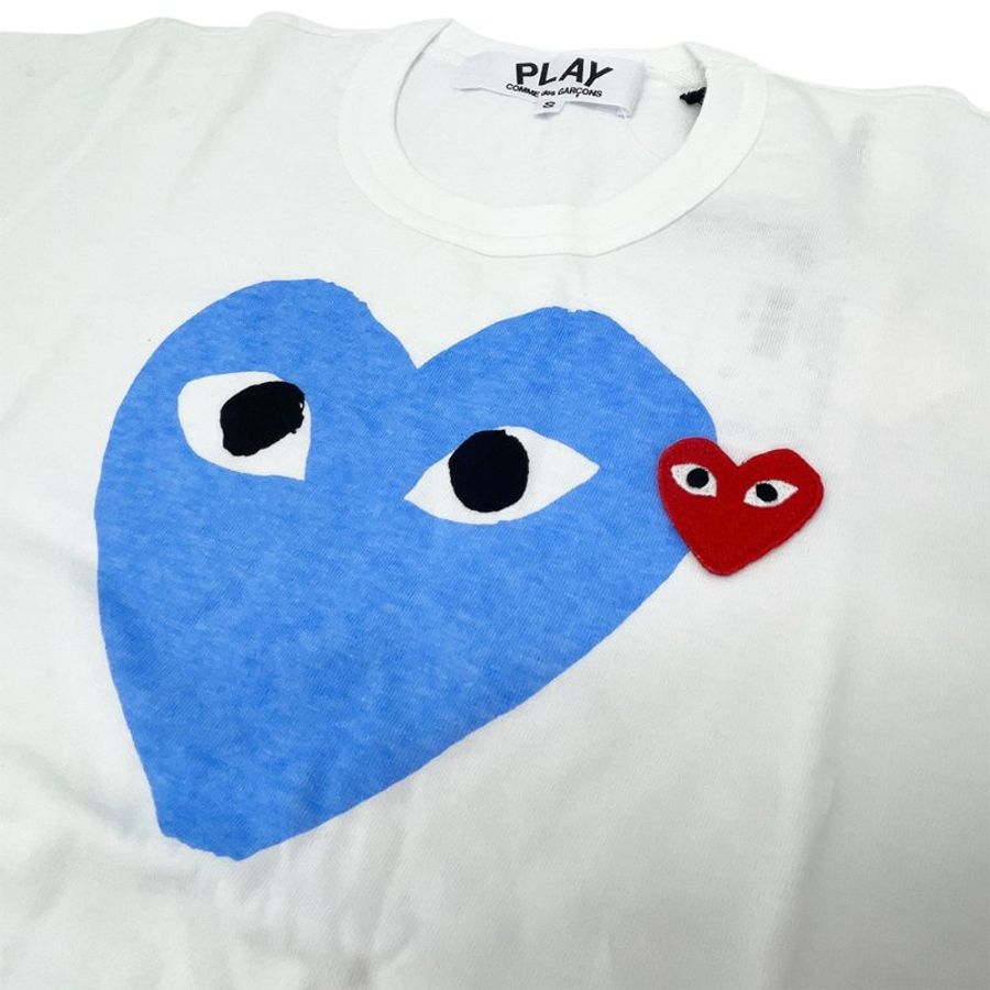 川久保玲 CDG 女款 藍大小雙愛心刺繡logo短袖T恤(白)-M-3