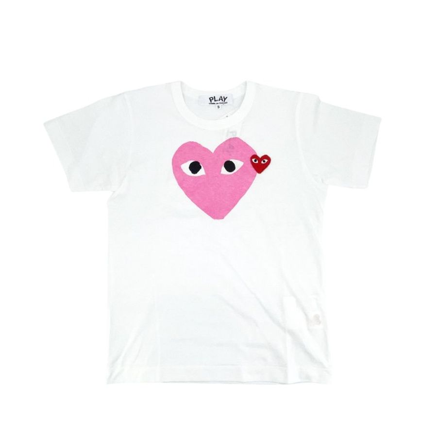 川久保玲 CDG 女款 粉大小雙愛心刺繡logo短袖T恤(白) -S/M-0