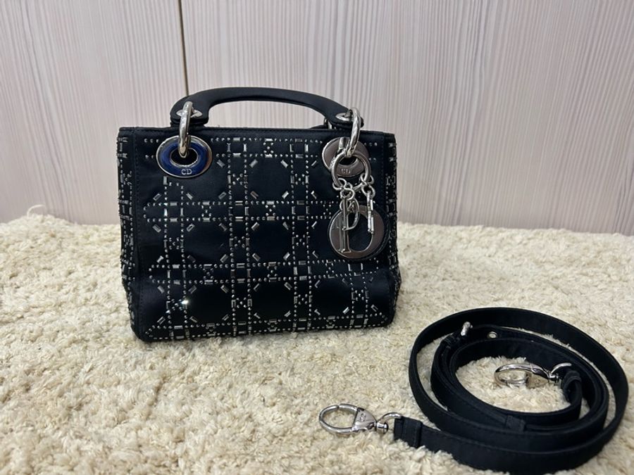 Dior lady dior 新款黑色水鑽緞面三格黛妃包-0