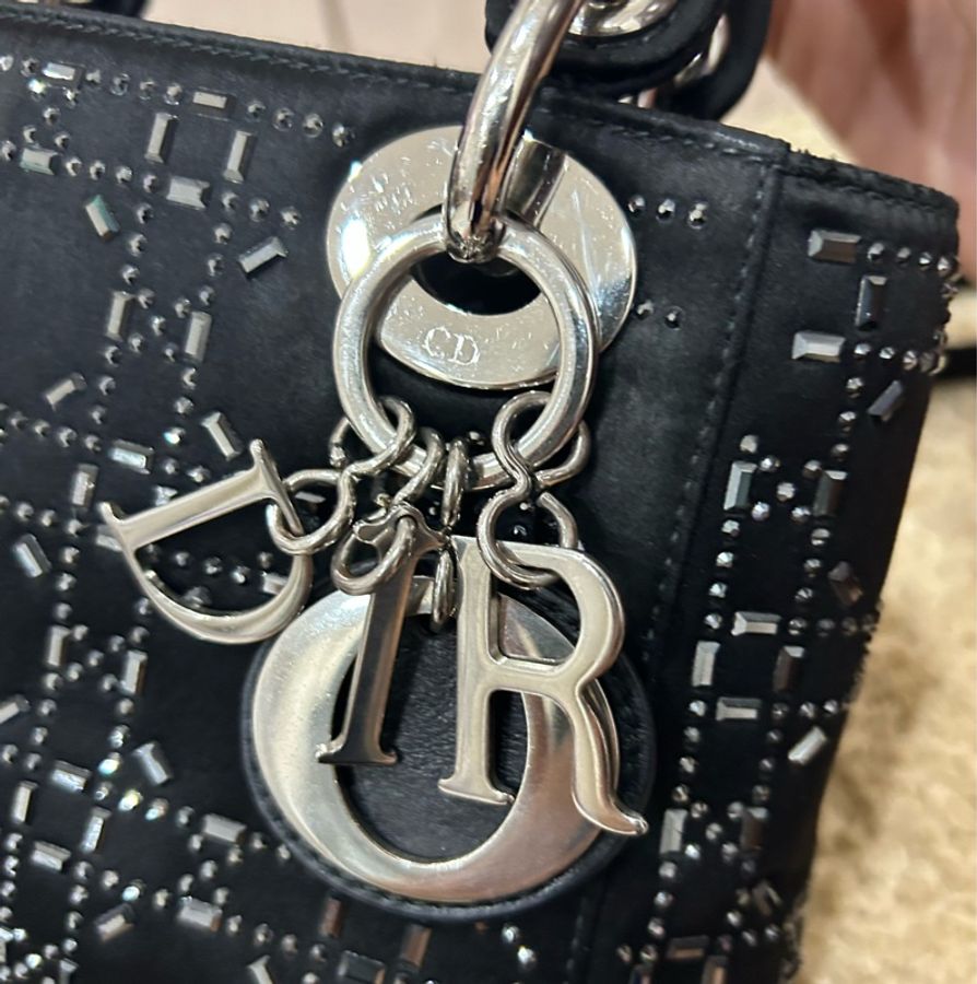 Dior lady dior 新款黑色水鑽緞面三格黛妃包-9