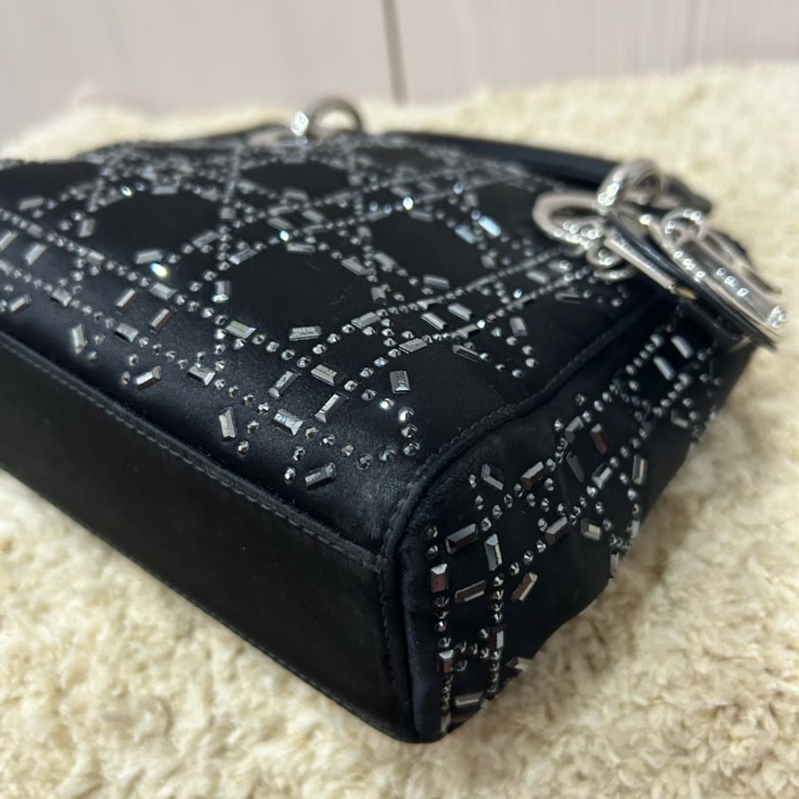 Dior lady dior 新款黑色水鑽緞面三格黛妃包-21