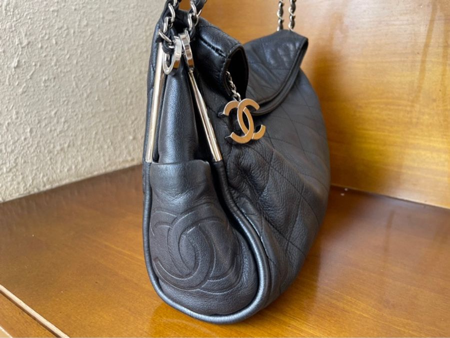 Chanel vintage hobo 銀桿 羊皮 菱格紋 外縫 肩背包-2