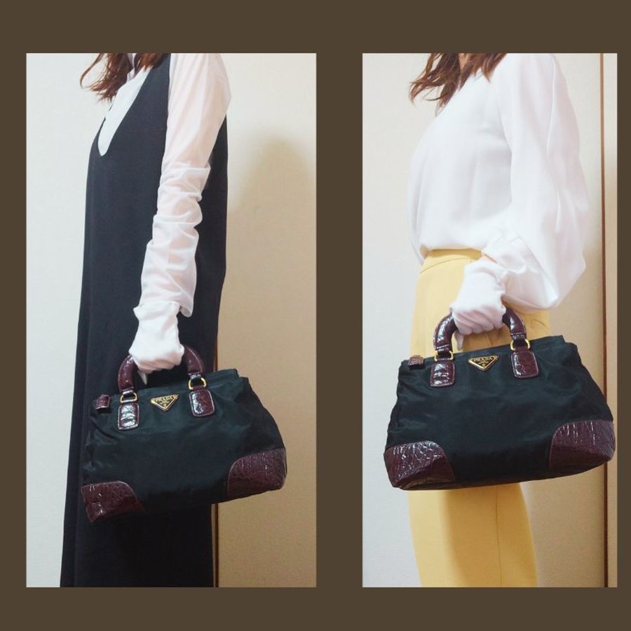 【日本進口】PRADA ■稀有 ■ 黑色手提包 尼龍 x 鱷魚壓花皮革 現貨【CREEK VINTAGES】-11