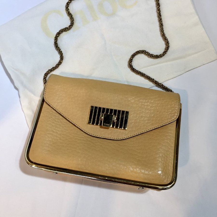 CHLOE 米黃色 全皮金邊 雙金球鍊包 /肩背包-0