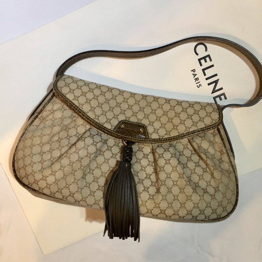 CELINE 緹花布拼墨綠鱷魚壓紋皮革肩背包 /側肩包-0