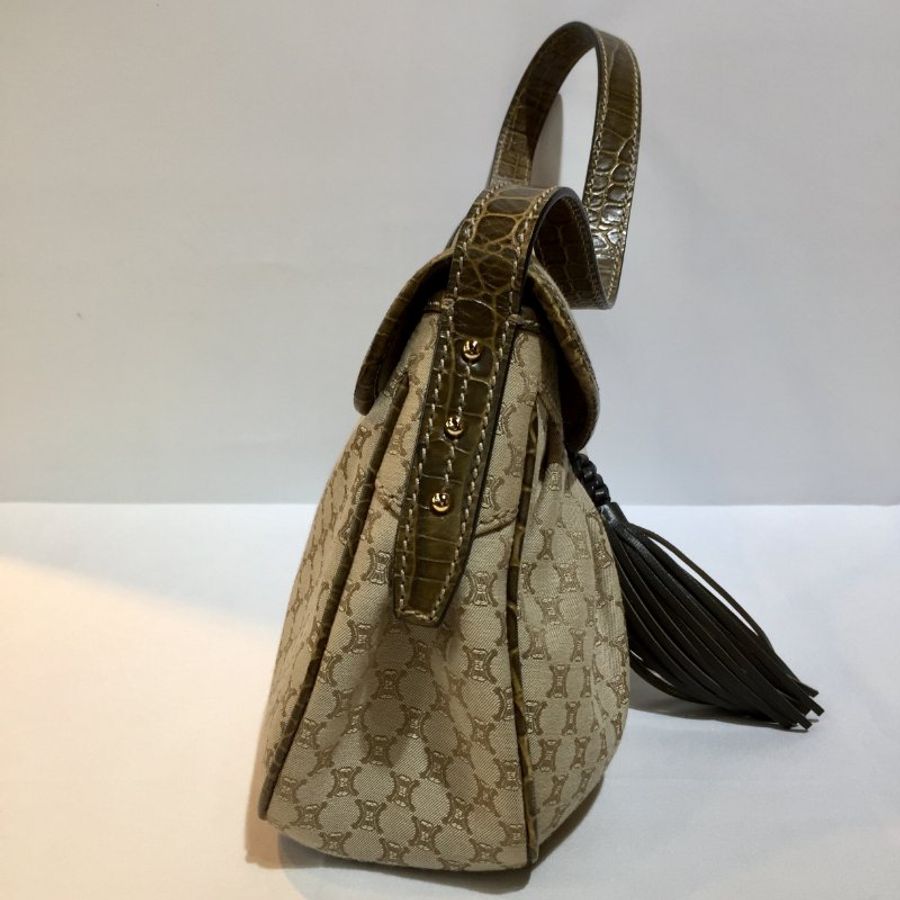 CELINE 緹花布拼墨綠鱷魚壓紋皮革肩背包 /側肩包-2
