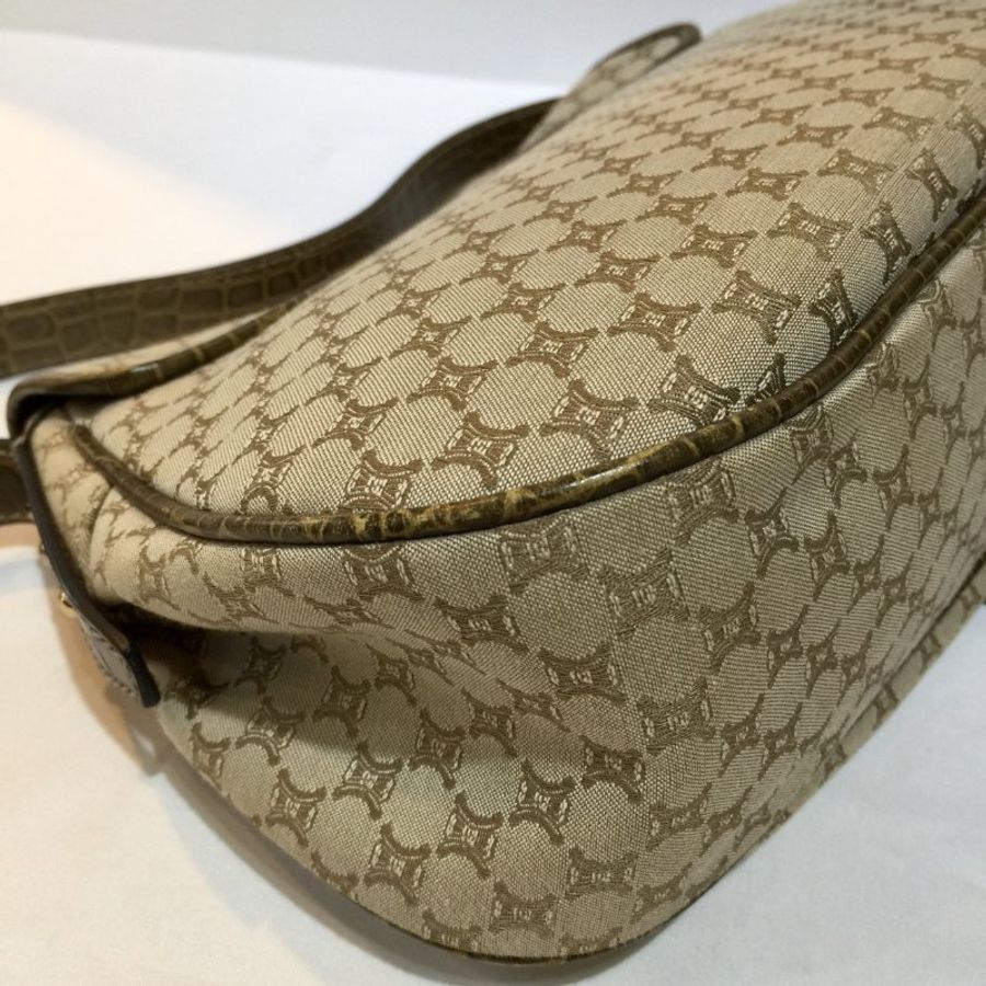 CELINE 緹花布拼墨綠鱷魚壓紋皮革肩背包 /側肩包-5