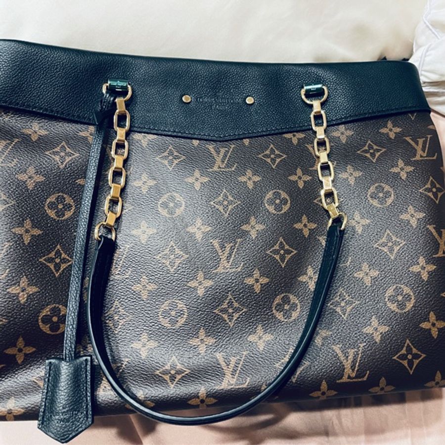 LV M51198 原花 黑 牛皮 金鍊 肩背包 側背包 購物包 托特包 媽媽包 名媛包-7