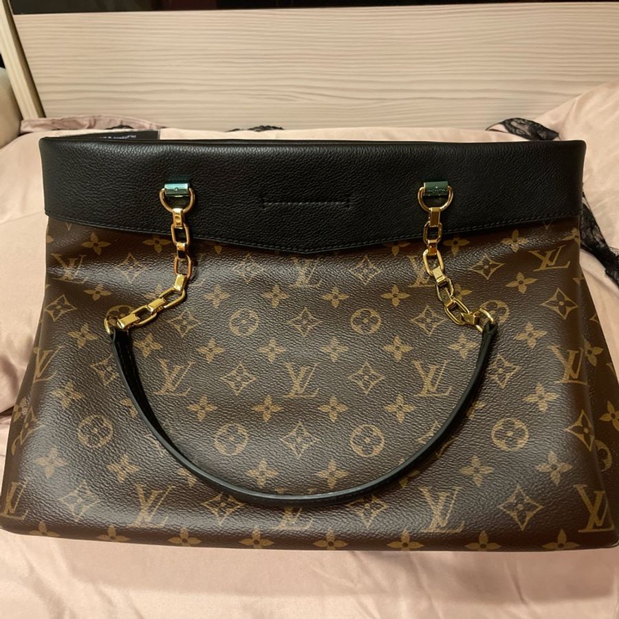 LV M51198 原花 黑 牛皮 金鍊 肩背包 側背包 購物包 托特包 媽媽包 名媛包-9