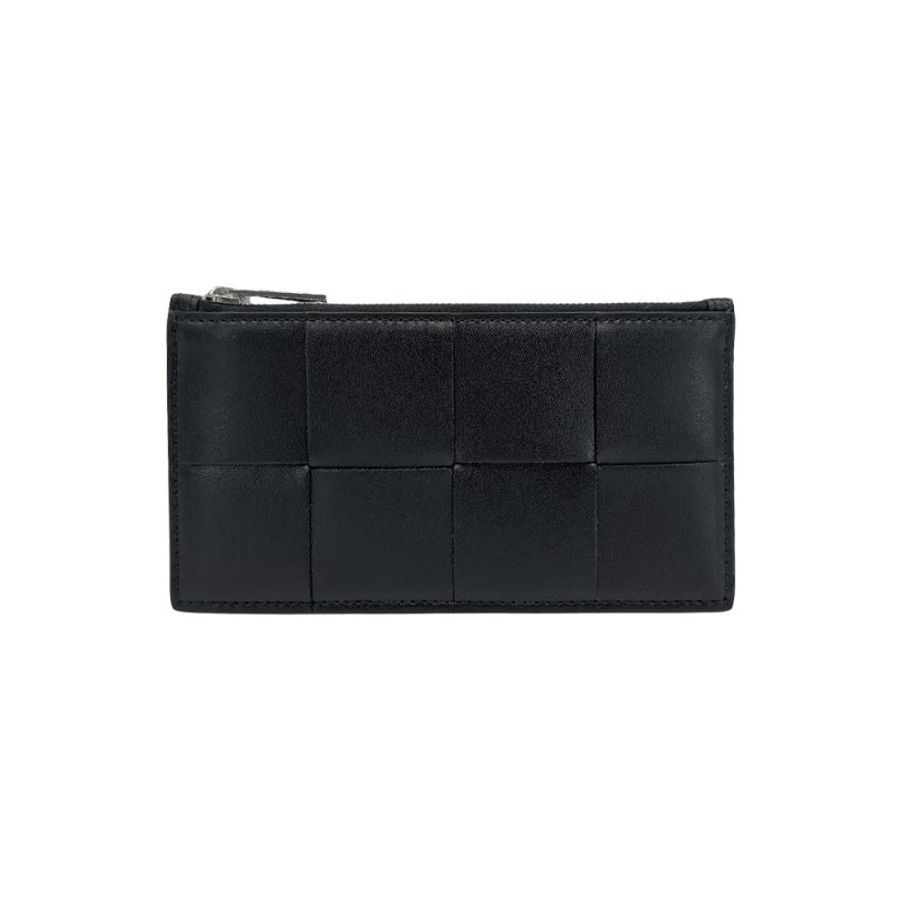 Bottega Veneta Cassette 小牛皮大編織長型拉鍊卡包(749460-黑)-0