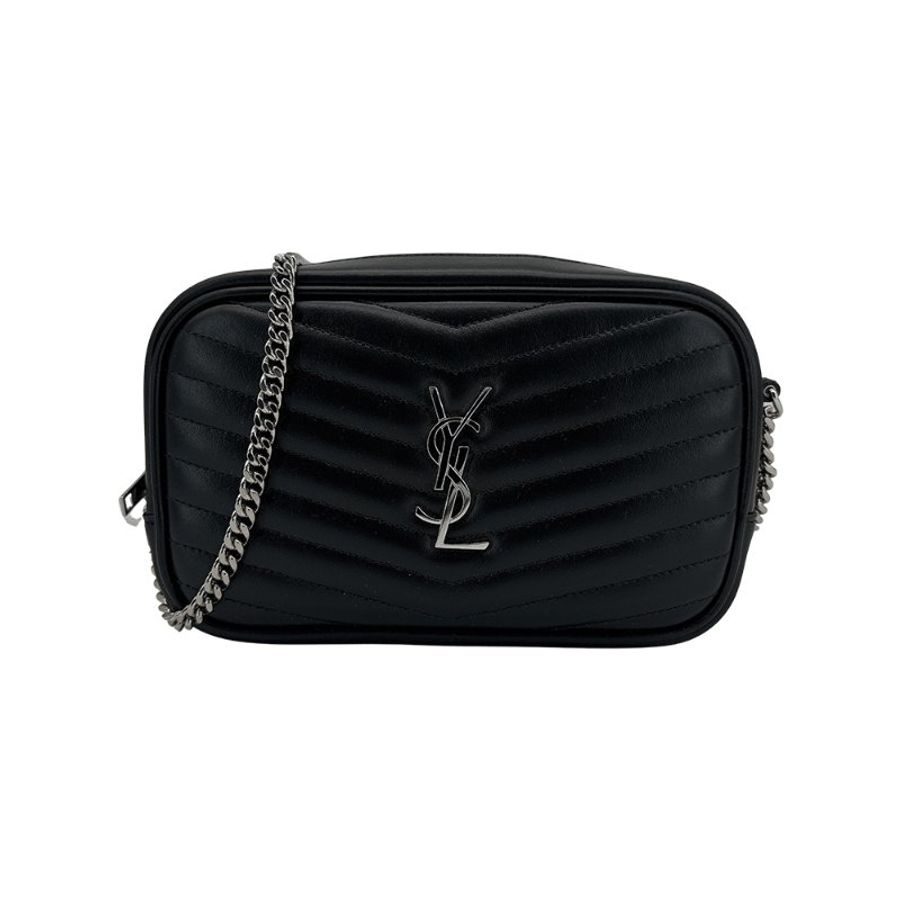 Ysl Lou 小牛皮銀鍊迷你斜背相機包(748849-黑)-0