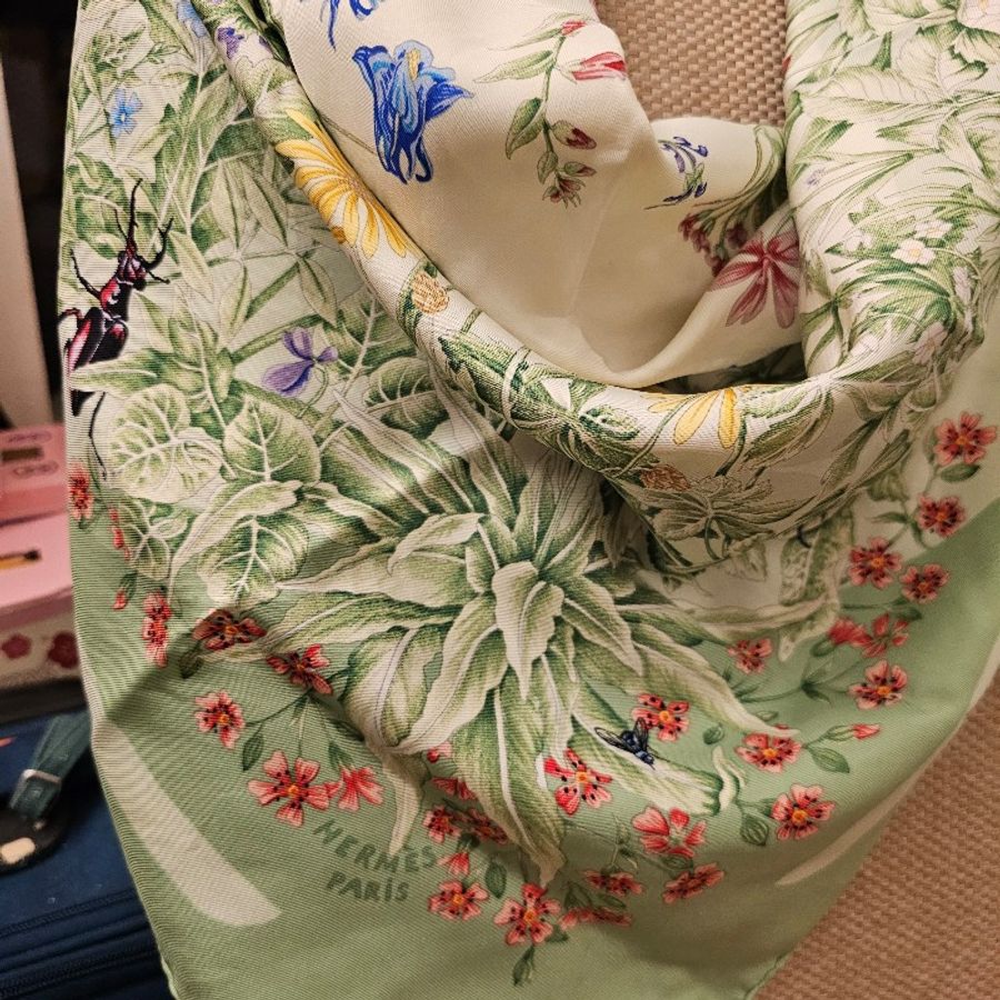 hermes la prairie 絲巾 粉綠色 春天花園🌿🌾☘️🍀🌷🪻⚘️🌻🦟🦋🐛🐝🪲🐞🐌🦗 中古美品-0