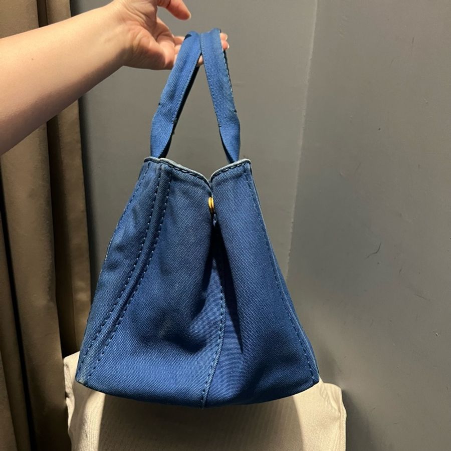 Prada 丹寧帆布 手提沙灘包 托特包 tote藍-2