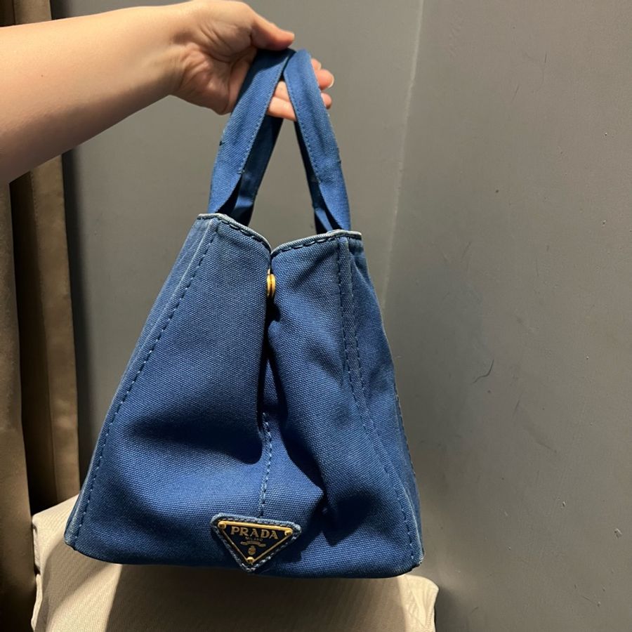 Prada 丹寧帆布 手提沙灘包 托特包 tote藍-3