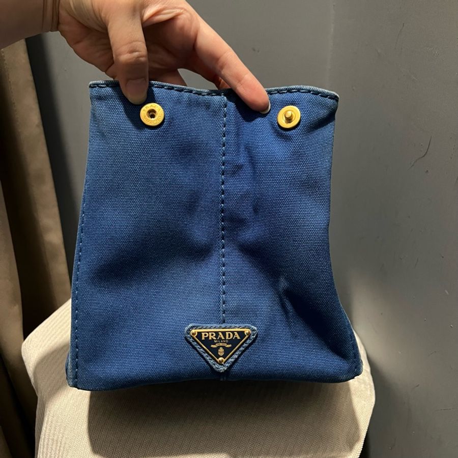 Prada 丹寧帆布 手提沙灘包 托特包 tote藍-6