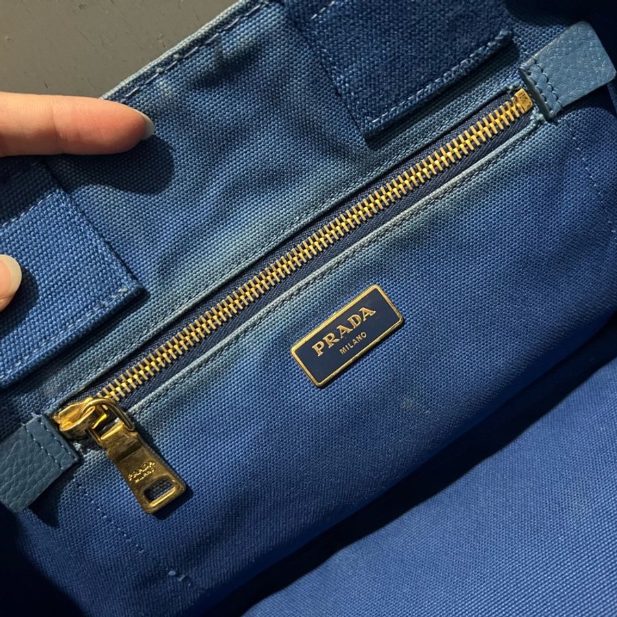 Prada 丹寧帆布 手提沙灘包 托特包 tote藍-9