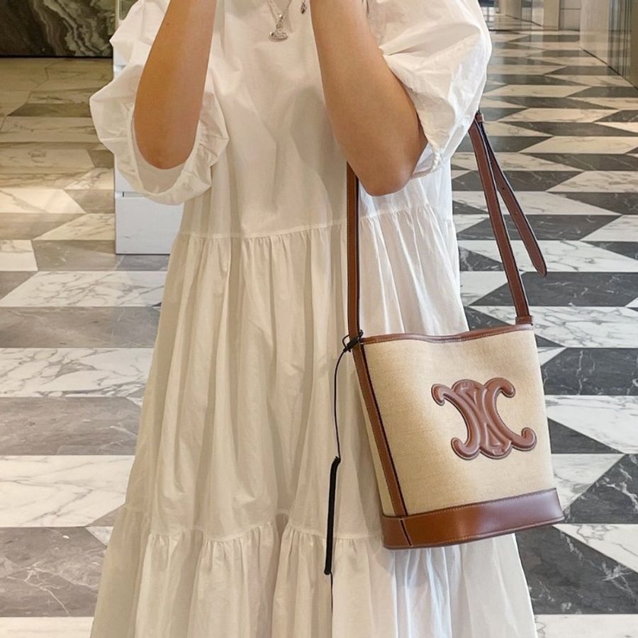 🎊佳節特賣🎁Celine 113782 小款 織物及牛皮革 Cuir 凱旋門水桶包 原色/黃褐色-3