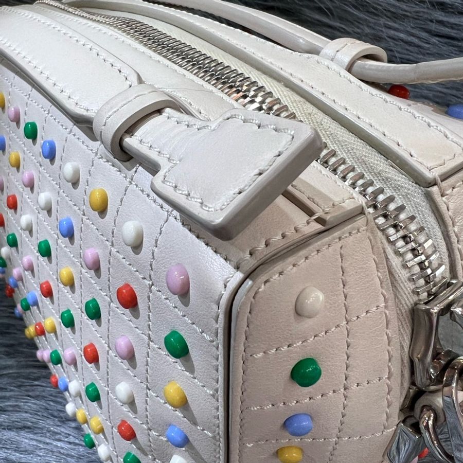 Tods 杏色 米灰 牛皮 銀釦 箱包 Trunk 豆豆 斜背包-17