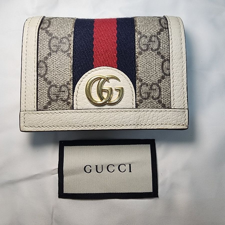 GUCCI 經典Ophidia系列GG卡夾/零錢包短夾 紅藍條紋釦式短夾-0