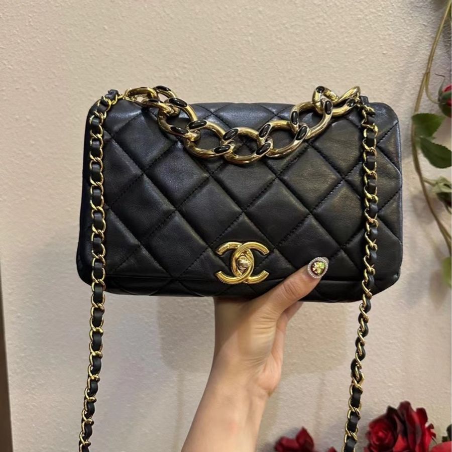 Chanel 22A 小號 琺瑯粗鏈條手換 長鏈條 黑金小羊皮-0