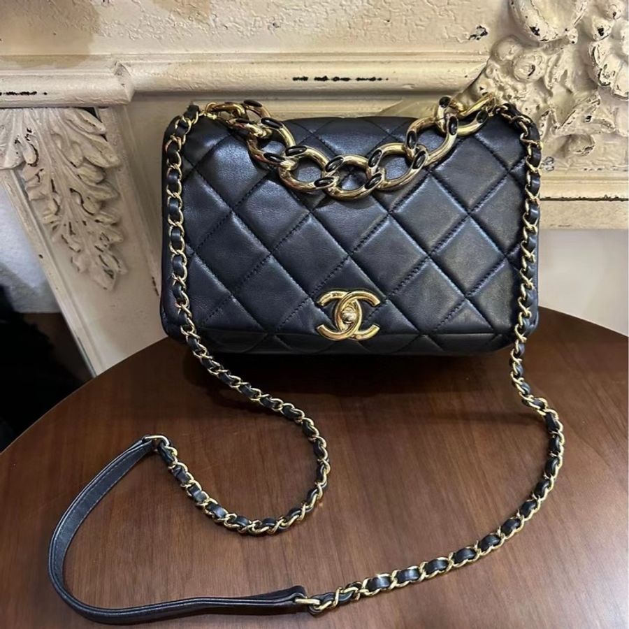Chanel 22A 小號 琺瑯粗鏈條手換 長鏈條 黑金小羊皮-3
