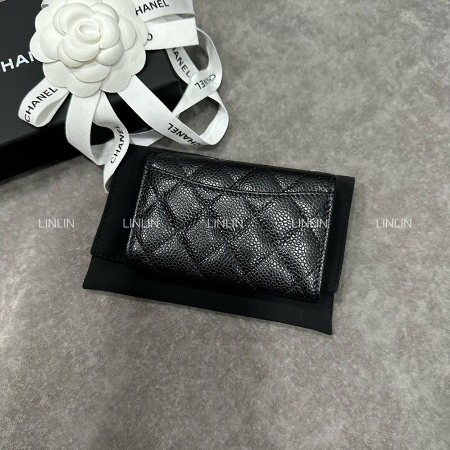 Chanel 經典款單層卡包 荔枝牛黑金-1