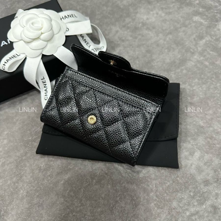 Chanel 經典款單層卡包 荔枝牛黑金-3