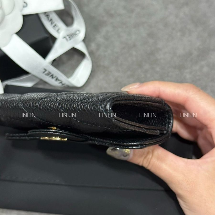 Chanel 經典款單層卡包 荔枝牛黑金-7