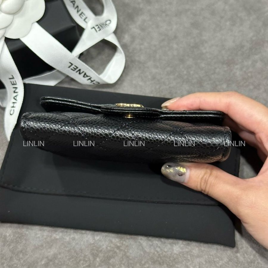 Chanel 經典款單層卡包 荔枝牛黑金-9