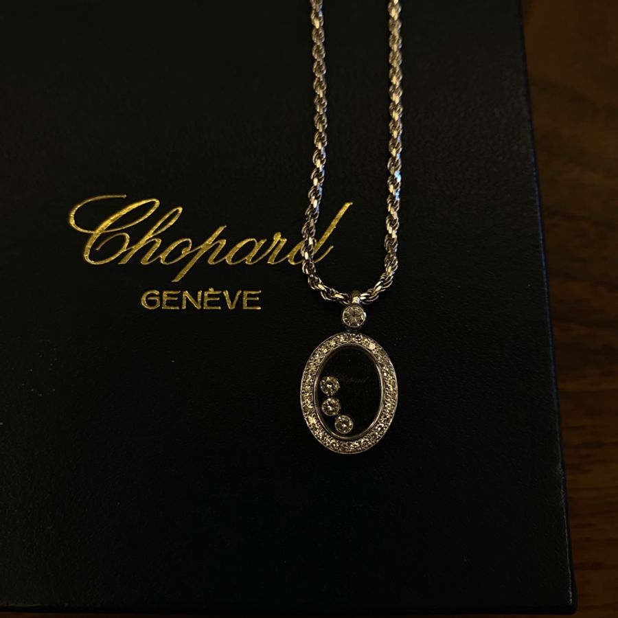 Chopard 蕭邦 Happy Diamonds18k白金滿鑽圓盤項鍊-1
