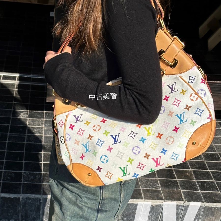 LV 中古包 vintage 村上隆白三彩Greta月亮包 南瓜包 腋下單肩包-7