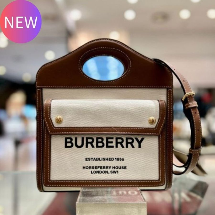 Burberry 迷你雙色調帆布拼皮革 Pocket 包 自然色/麥芽棕色《2024季度新品》-0