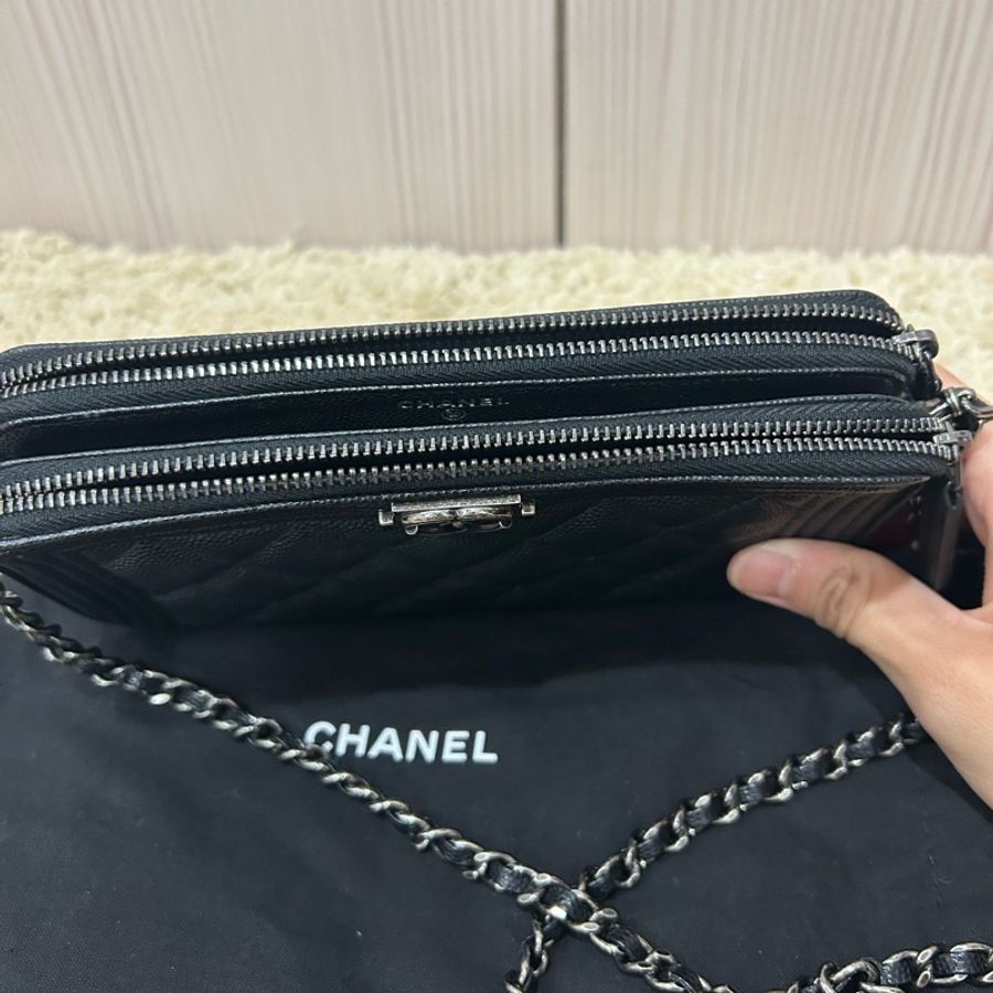 Chanel woc leboy woc 荔枝黑銀牛 鏈條包 手拿包 長夾-2