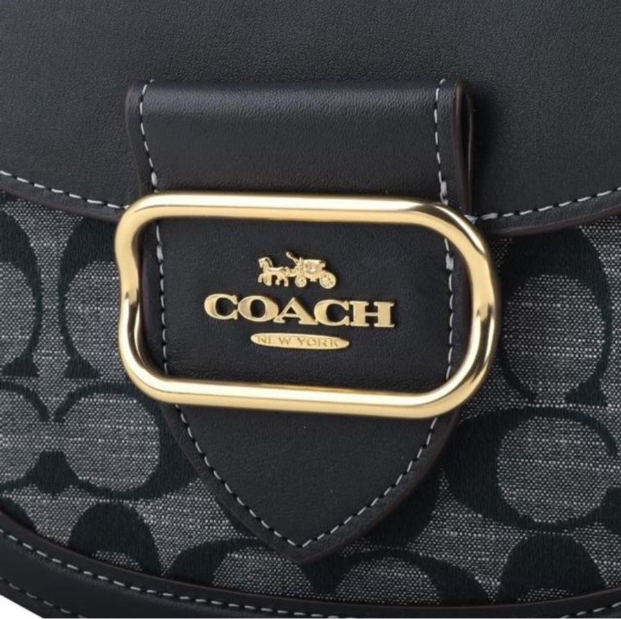 COACH 金屬框馬車LOGO織布拼皮革馬鞍包(單寧藍)-5