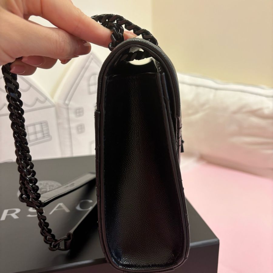 進全新🥰YSL黑色黑鏈魚子醬牛皮黑釦鏈條信封包 Envelope斜背包-11