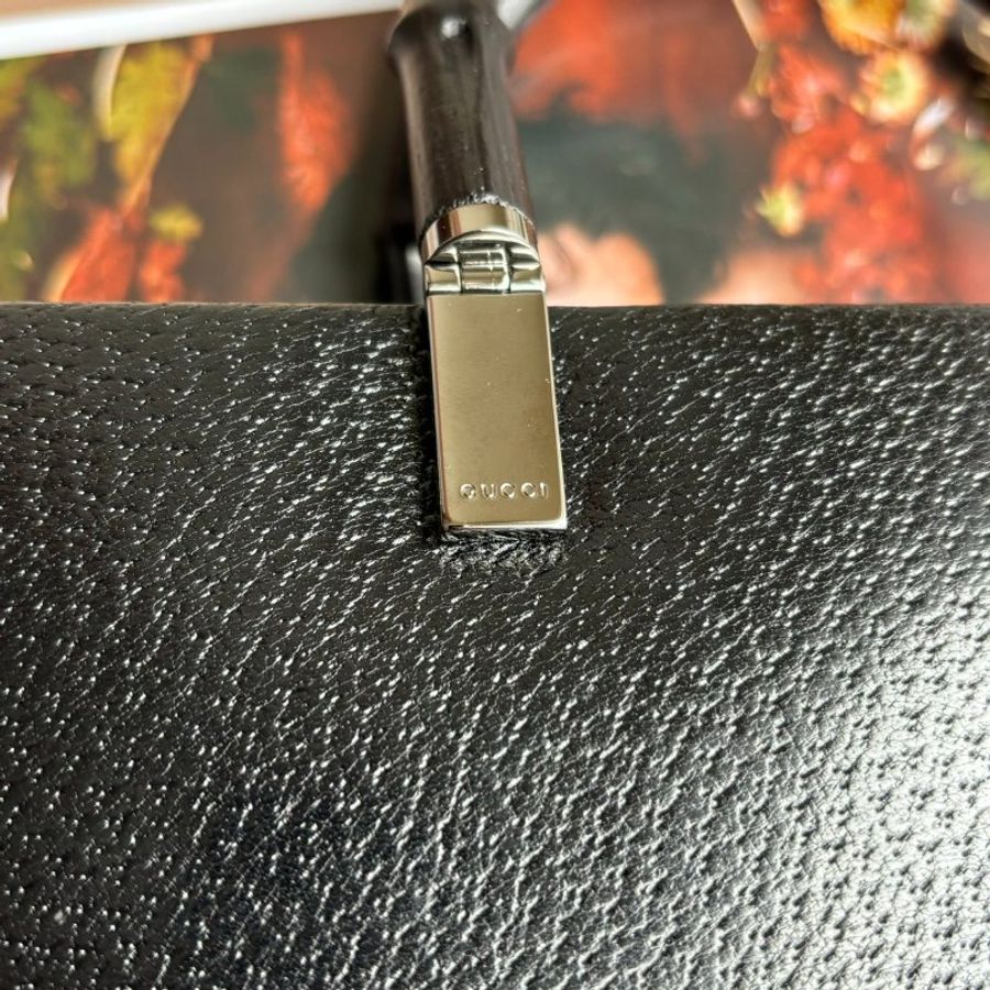 ::GUCCI:: 黑皮革方形 竹節手提肩背包 VINTAGE-4