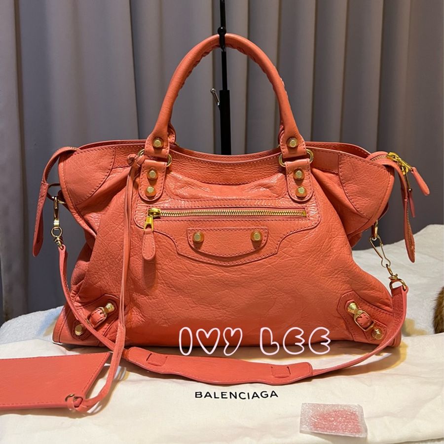 BALENCIAGA Giant City 281770 2Way 單肩包 手袋 皮革 粉橘色 鉚釘 金扣 二手精品-0