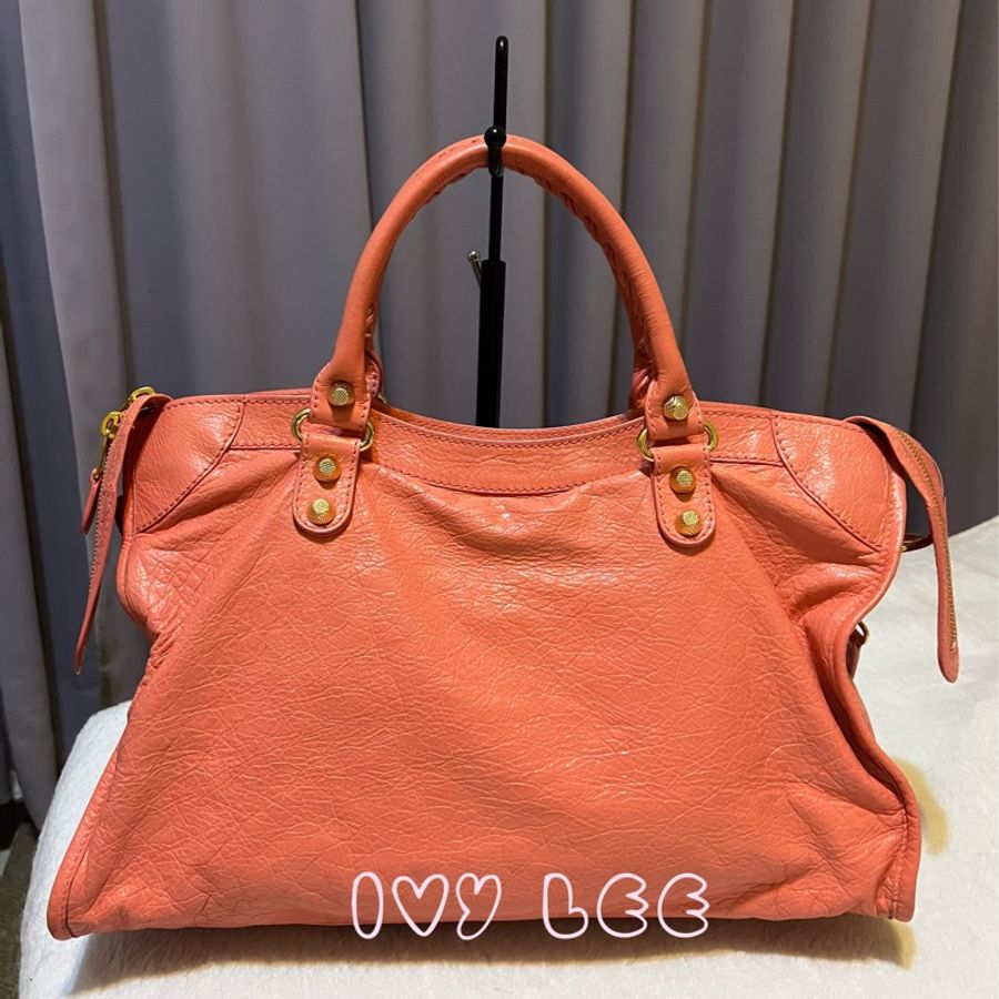 BALENCIAGA Giant City 281770 2Way 單肩包 手袋 皮革 粉橘色 鉚釘 金扣 二手精品-1