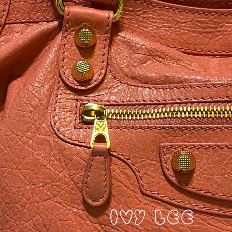 BALENCIAGA Giant City 281770 2Way 單肩包 手袋 皮革 粉橘色 鉚釘 金扣 二手精品-4