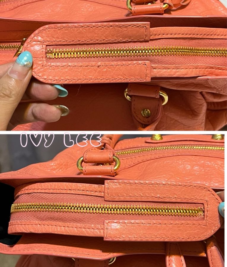 BALENCIAGA Giant City 281770 2Way 單肩包 手袋 皮革 粉橘色 鉚釘 金扣 二手精品-20