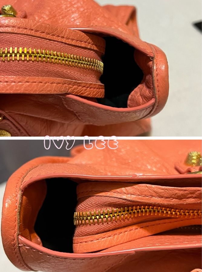 BALENCIAGA Giant City 281770 2Way 單肩包 手袋 皮革 粉橘色 鉚釘 金扣 二手精品-21