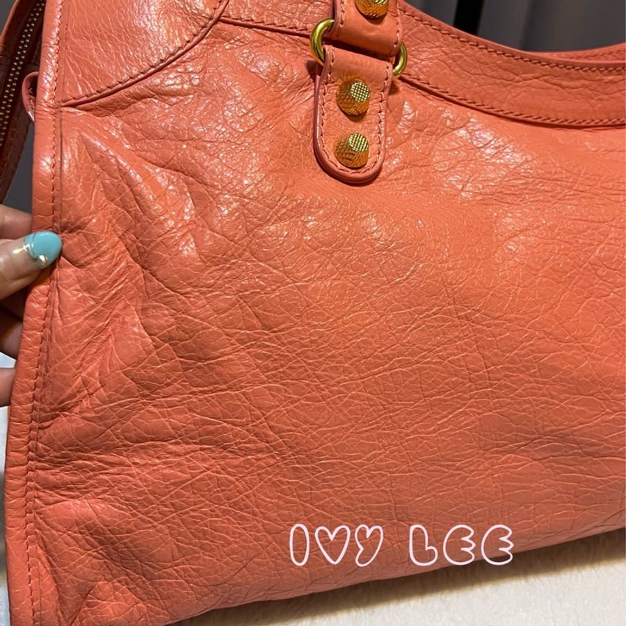 BALENCIAGA Giant City 281770 2Way 單肩包 手袋 皮革 粉橘色 鉚釘 金扣 二手精品-29