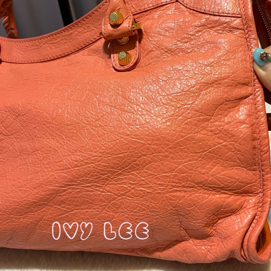 BALENCIAGA Giant City 281770 2Way 單肩包 手袋 皮革 粉橘色 鉚釘 金扣 二手精品-30