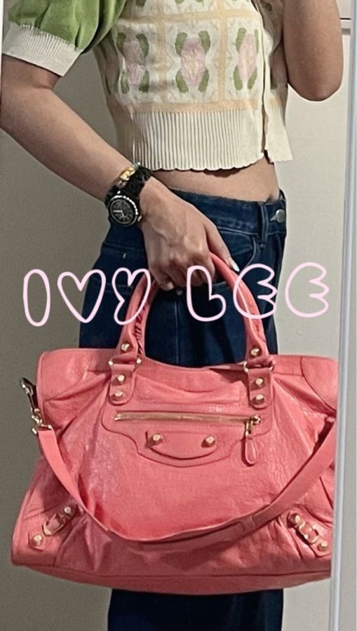 BALENCIAGA Giant City 281770 2Way 單肩包 手袋 皮革 粉橘色 鉚釘 金扣 二手精品-33