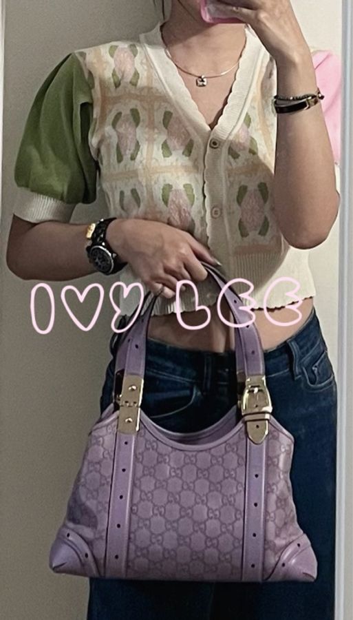 GUCCI 145761 紫色壓紋皮革 肩背包 手提包腋下包二手精品-21
