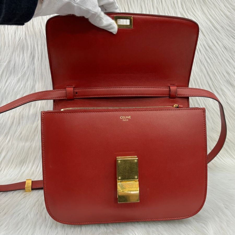 Celine酒紅滑面牛皮金釦Box斜背包中號-14