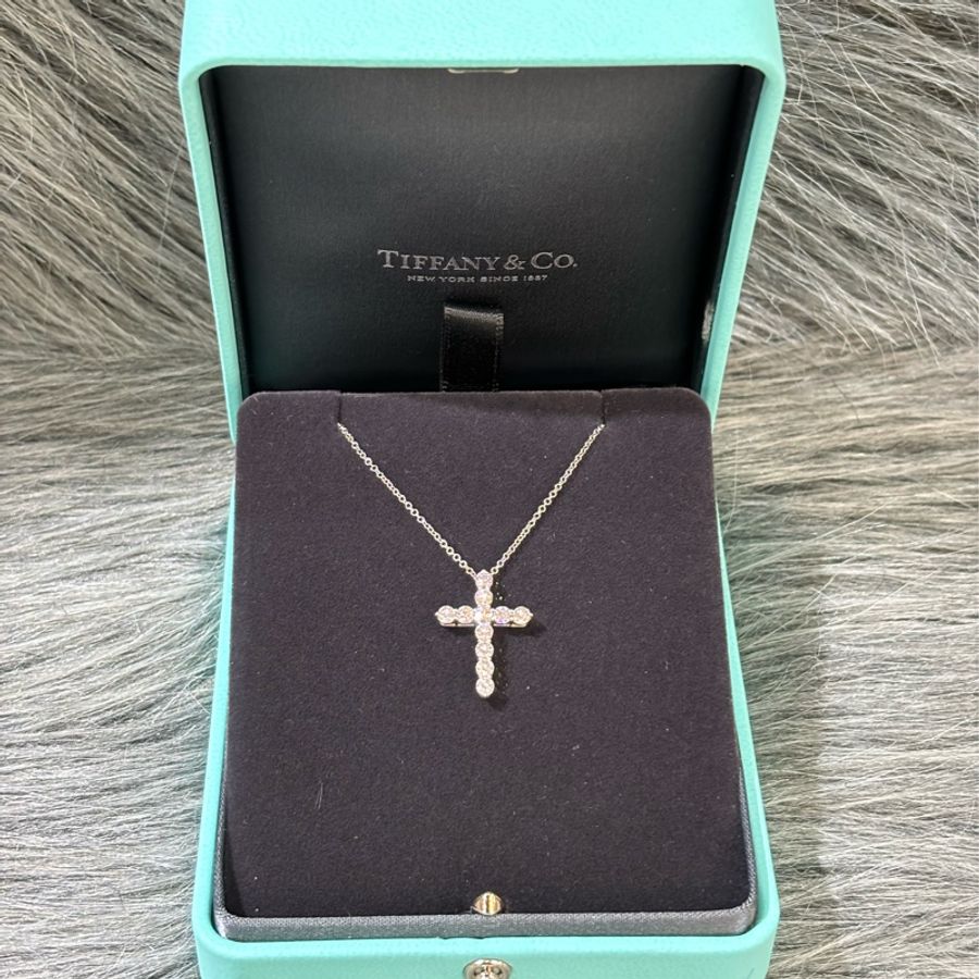 TIFFANY &CO. 蒂芬妮 柏金 鉑金 PT950 0.9克拉 90分 天然美鑽 真鑽 鑽石 十字架 項鍊-0