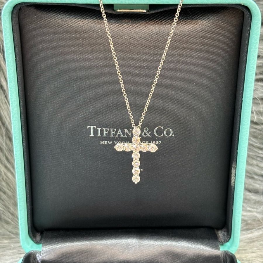 TIFFANY &CO. 蒂芬妮 柏金 鉑金 PT950 0.9克拉 90分 天然美鑽 真鑽 鑽石 十字架 項鍊-2