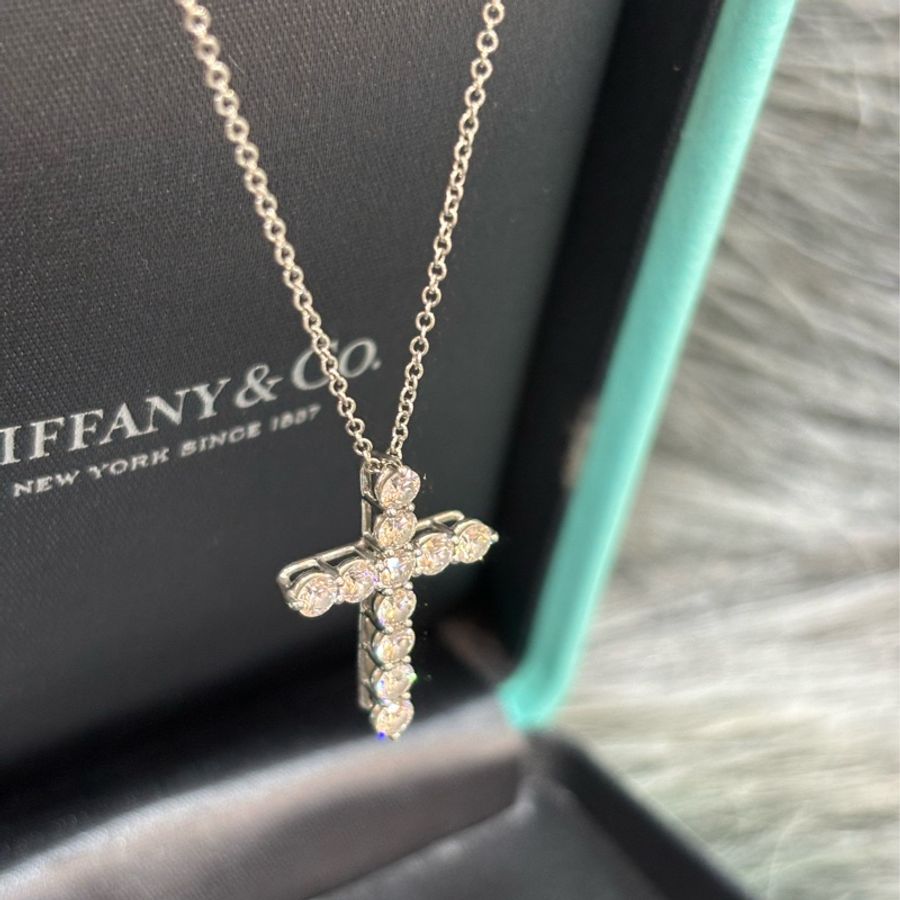 TIFFANY &CO. 蒂芬妮 柏金 鉑金 PT950 0.9克拉 90分 天然美鑽 真鑽 鑽石 十字架 項鍊-3