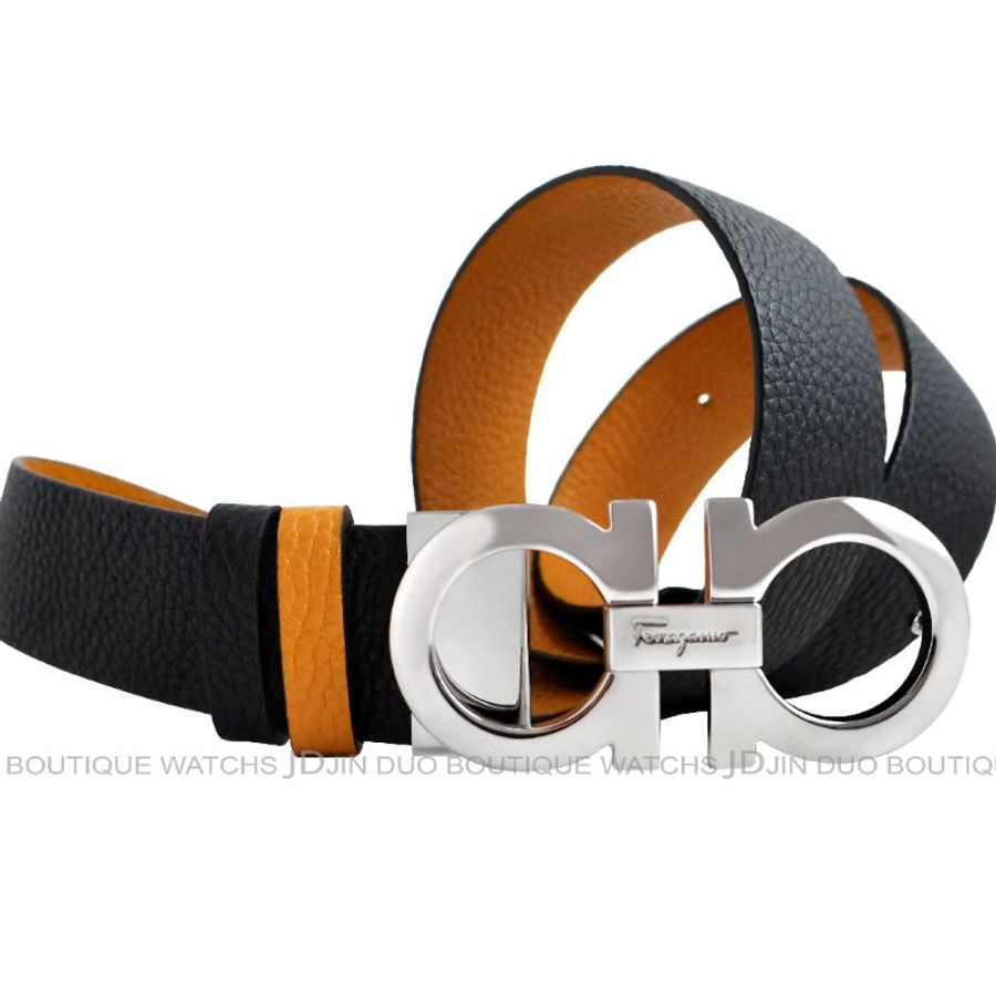 金鐸精品~C733 Salvatore Ferragamo 菲拉格慕 GANCINI 黑橘色牛皮荔枝紋80cm雙面可調式女腰帶 全新品-1